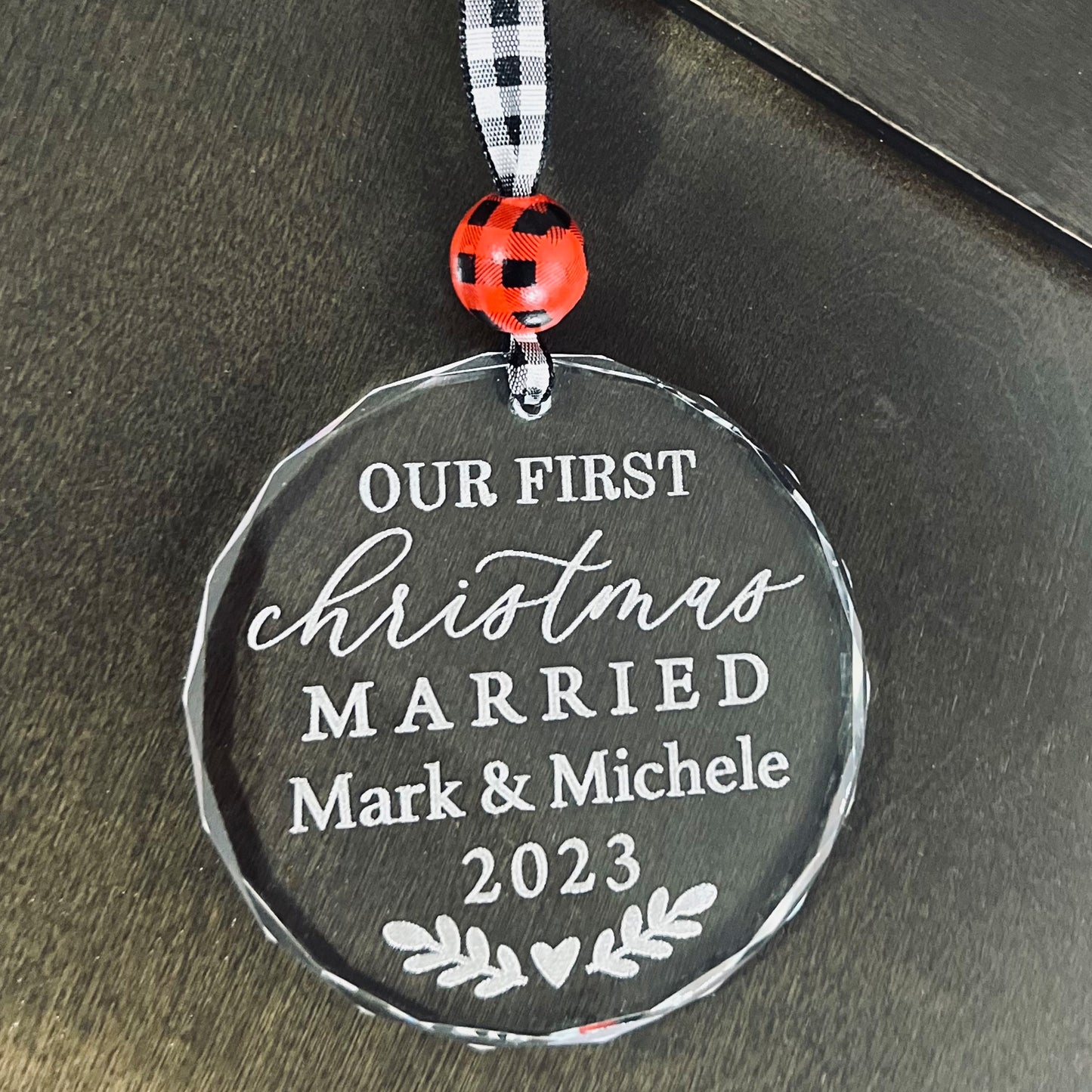 Our First Christmas Married 2023 custom crystal ornament