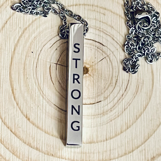 "Strong": Engraved Vertical Bar Necklace