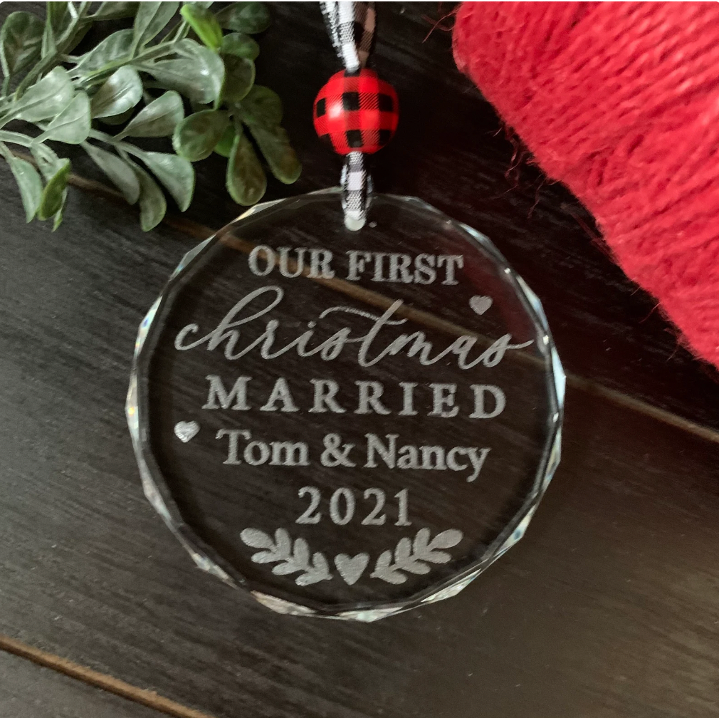 Our first christmas married personalized with couples name and year glass ornament