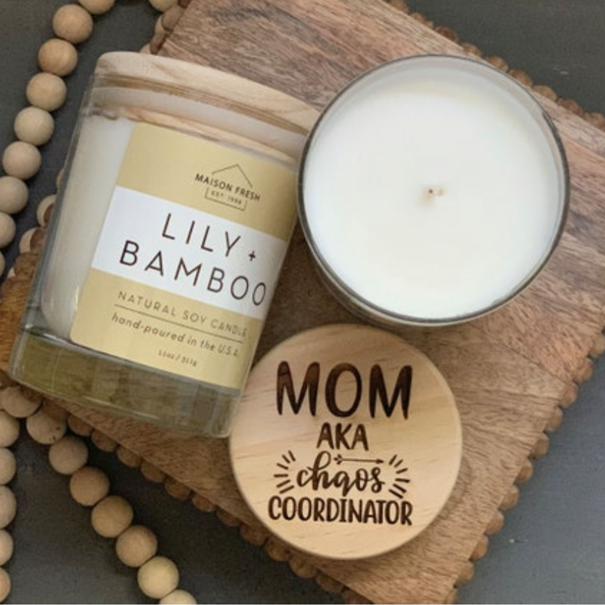 Mom aka Chaos Coordinator engraved top scented candles