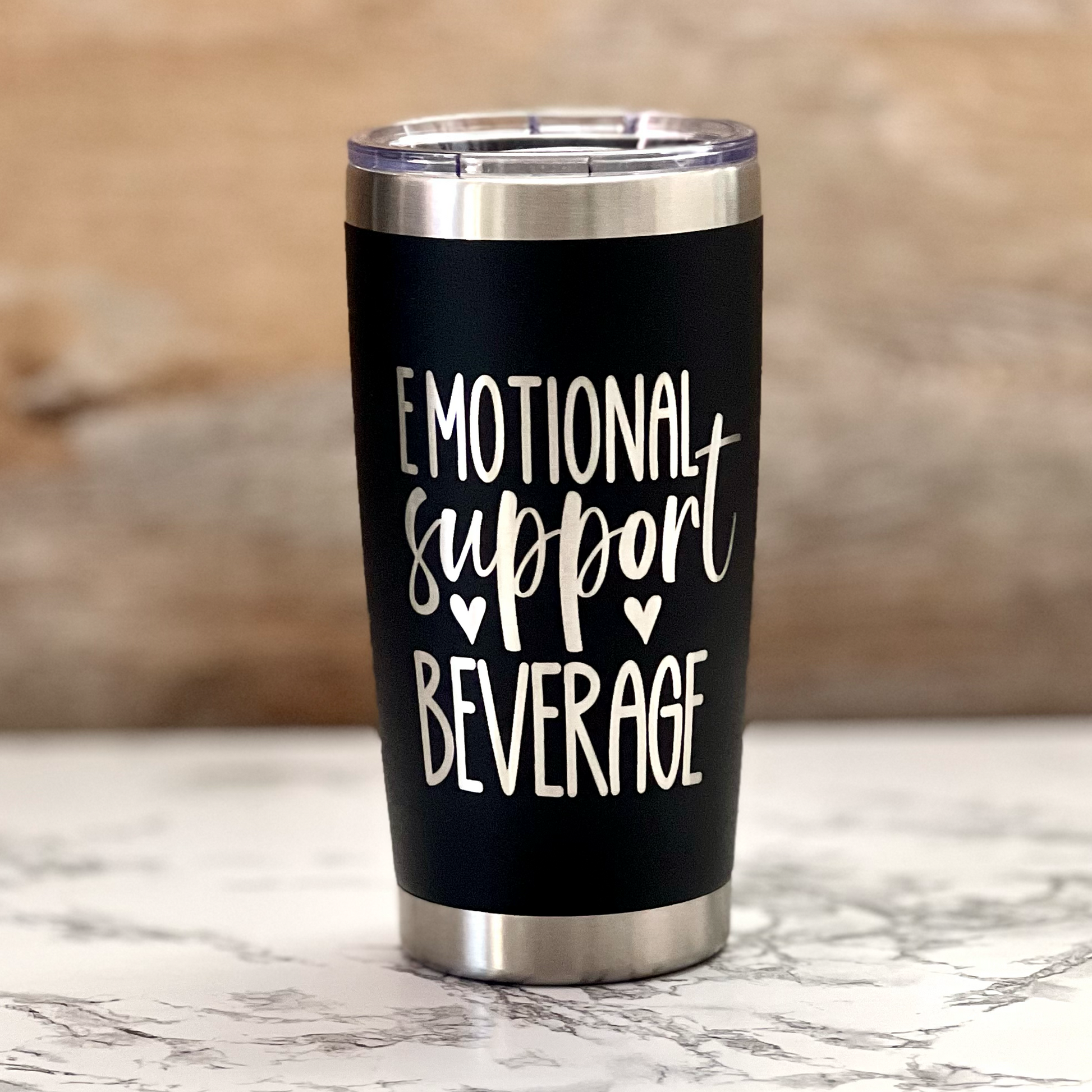 Funny laser engraved "Emotional Support Beverage" travel mug - River Barn Designs