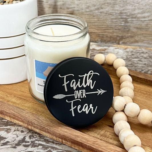 Essential oils candle with laser engraved metal top faith over fear