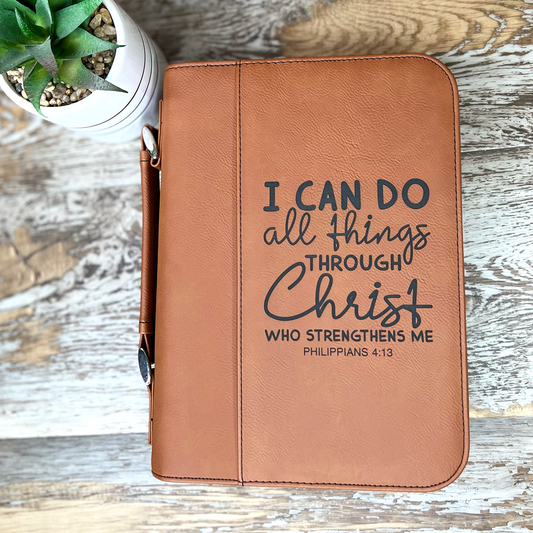 Brown vegetable leather bible cover carrier i can do all things through christ who strengthens me