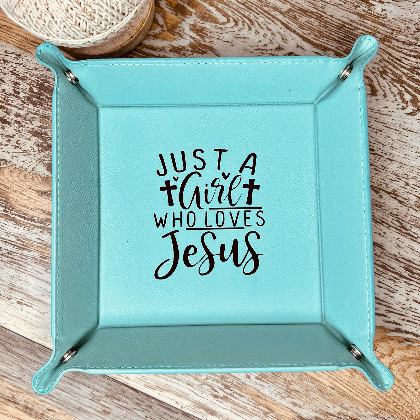 teal catchall tray valet desk organizer engraved just a girl who loves jesus