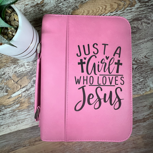 just a girl who loves jesus engraved pink bible cover