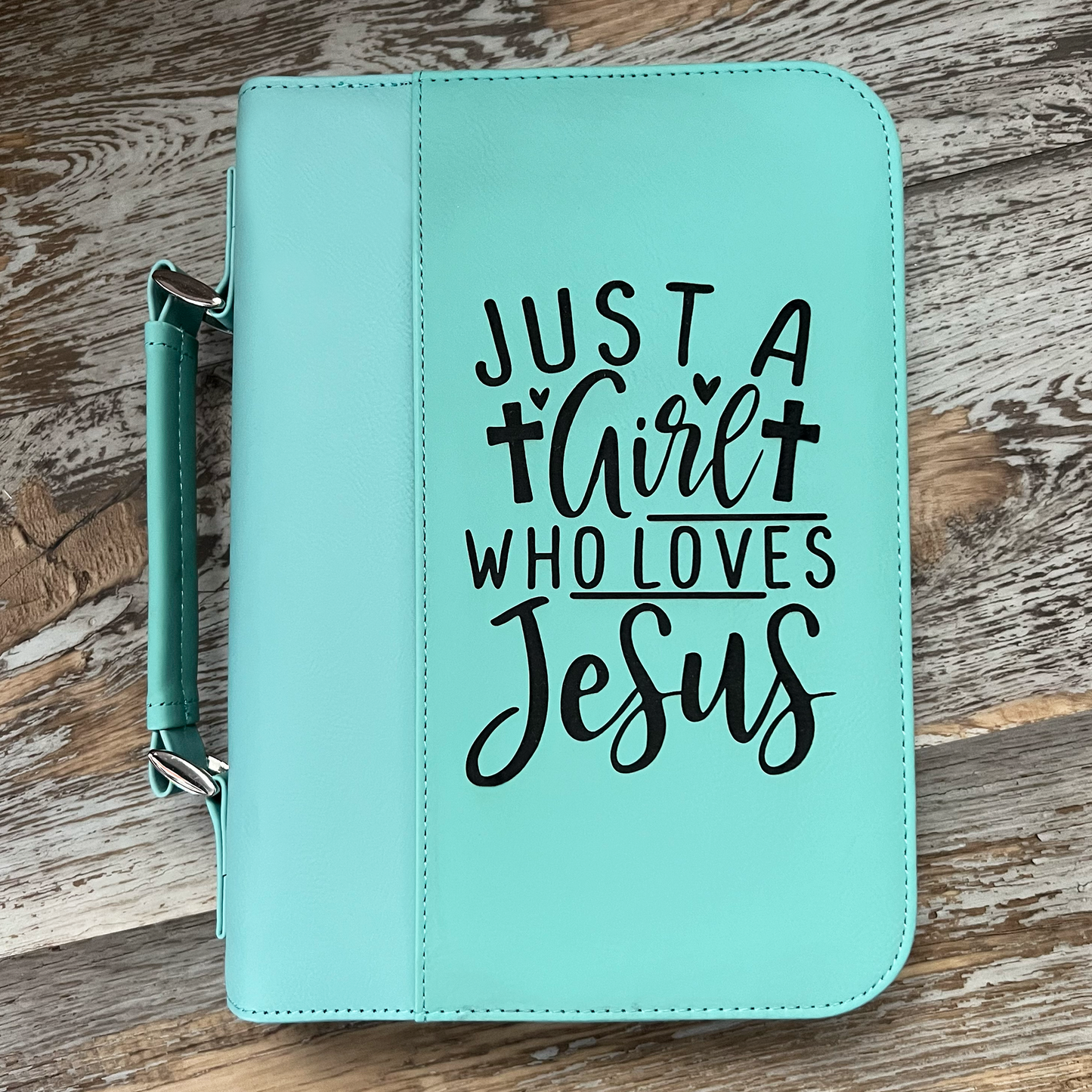 just a girl who loves jesus engraved teal bible cover
