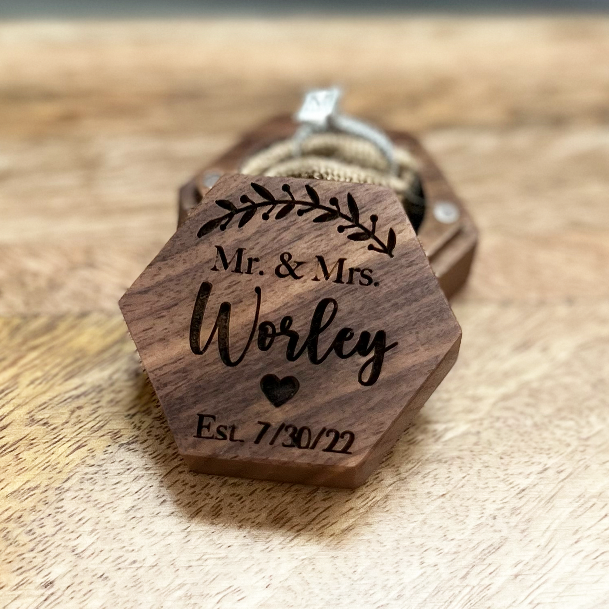 Pesonalized with last name and date engagement or wedding walnut wood  ring box.