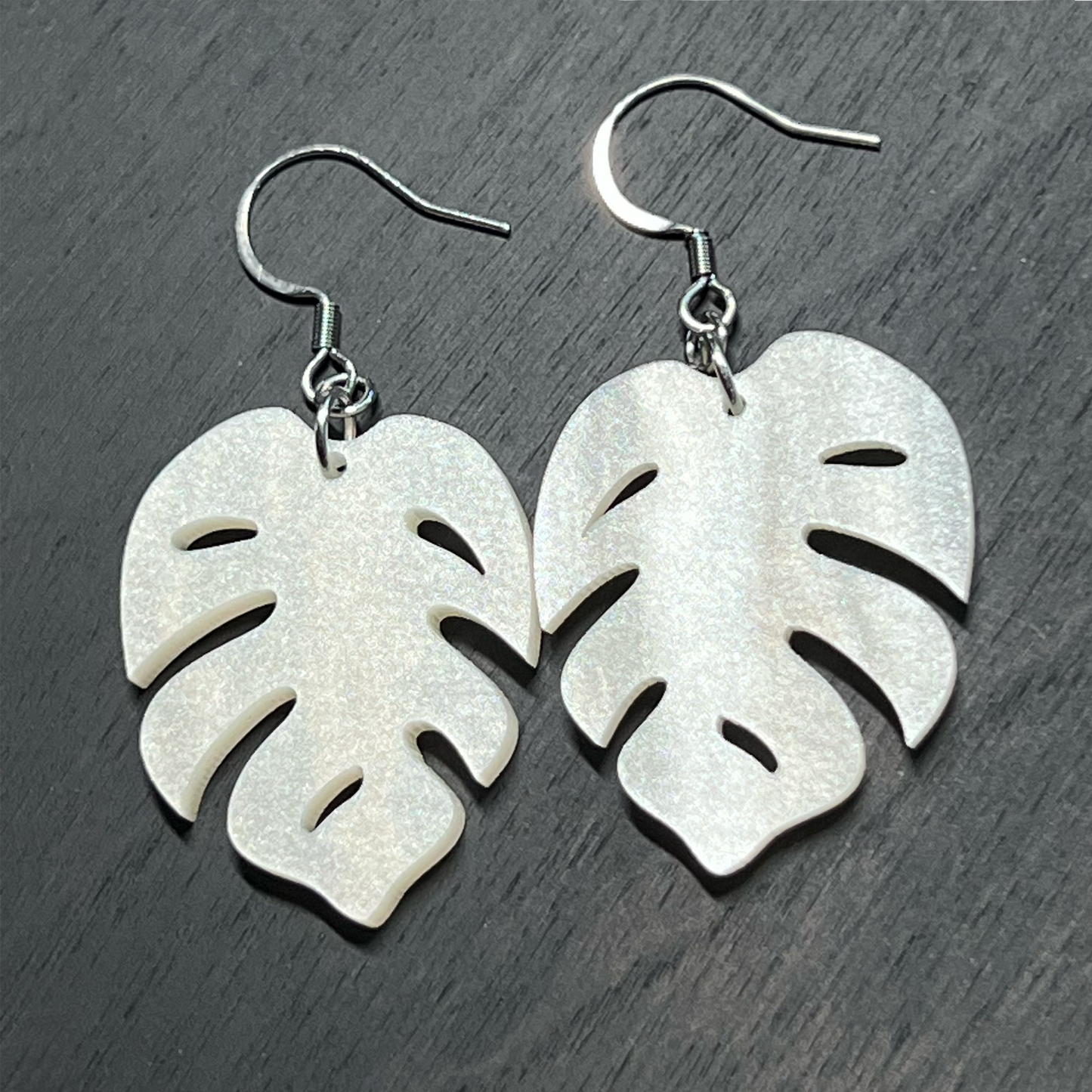 monstera deliciosa 2 inch shimmery white leaf earrings